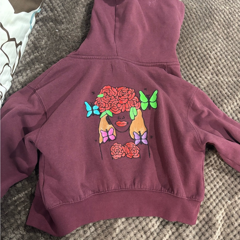 Maroon Cropped Hoodie With Colorful Girl and Butterfly’s